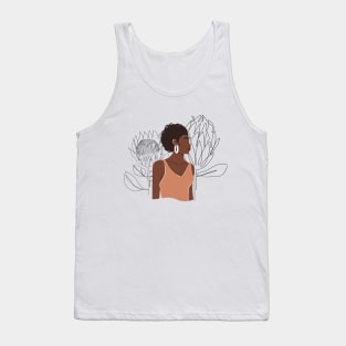 Fashion collage with abstract African woman portrait and one line protea flowers. Mid century Silhouette. Tank Top